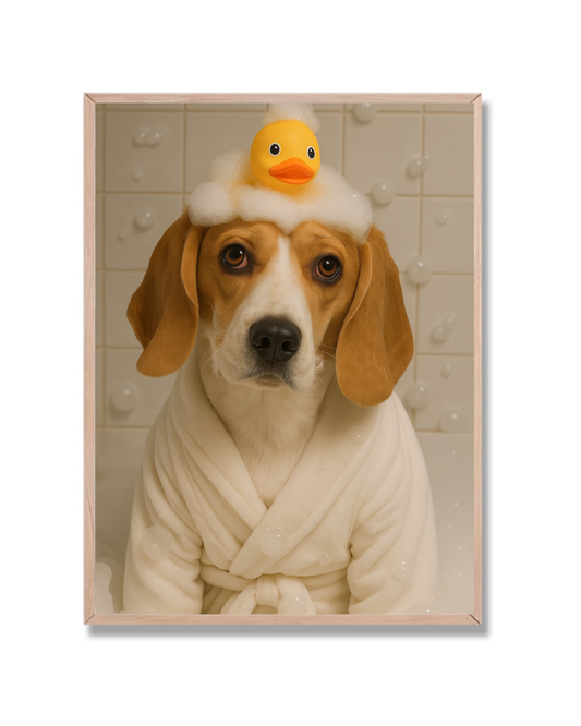 Beagle en bata blanca