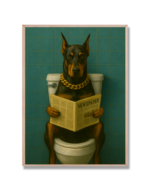 Dóberman leyendo en el baño