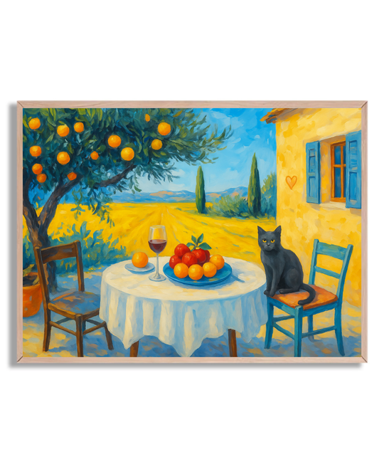 Gato con frutas y vino