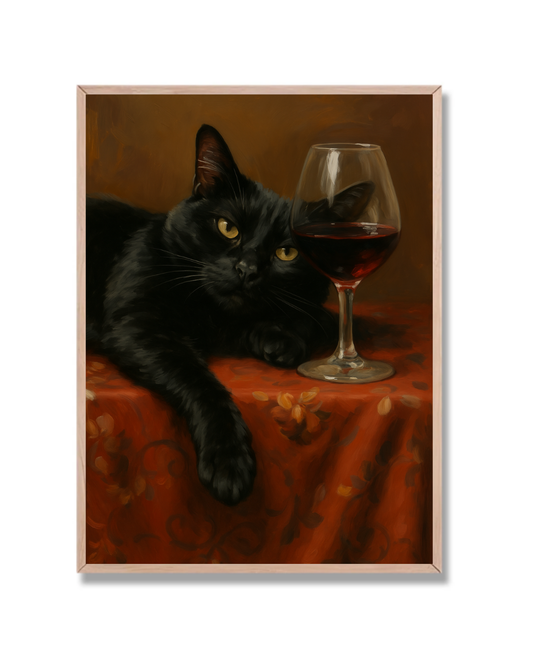 Gato Recostado y Vino