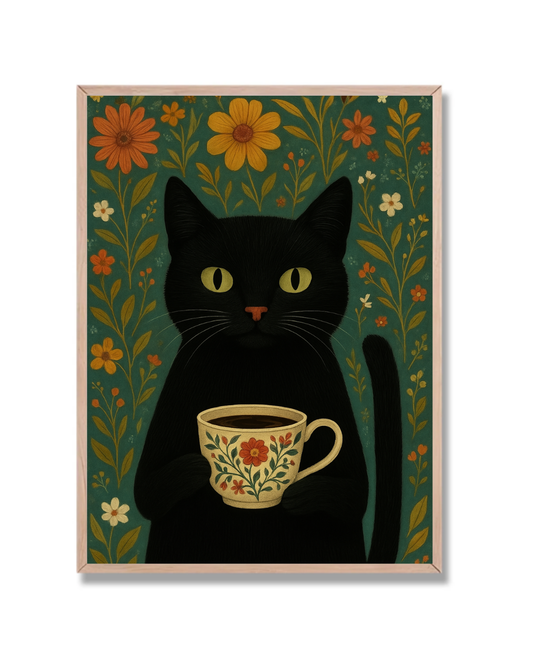 Gato entre flores y café