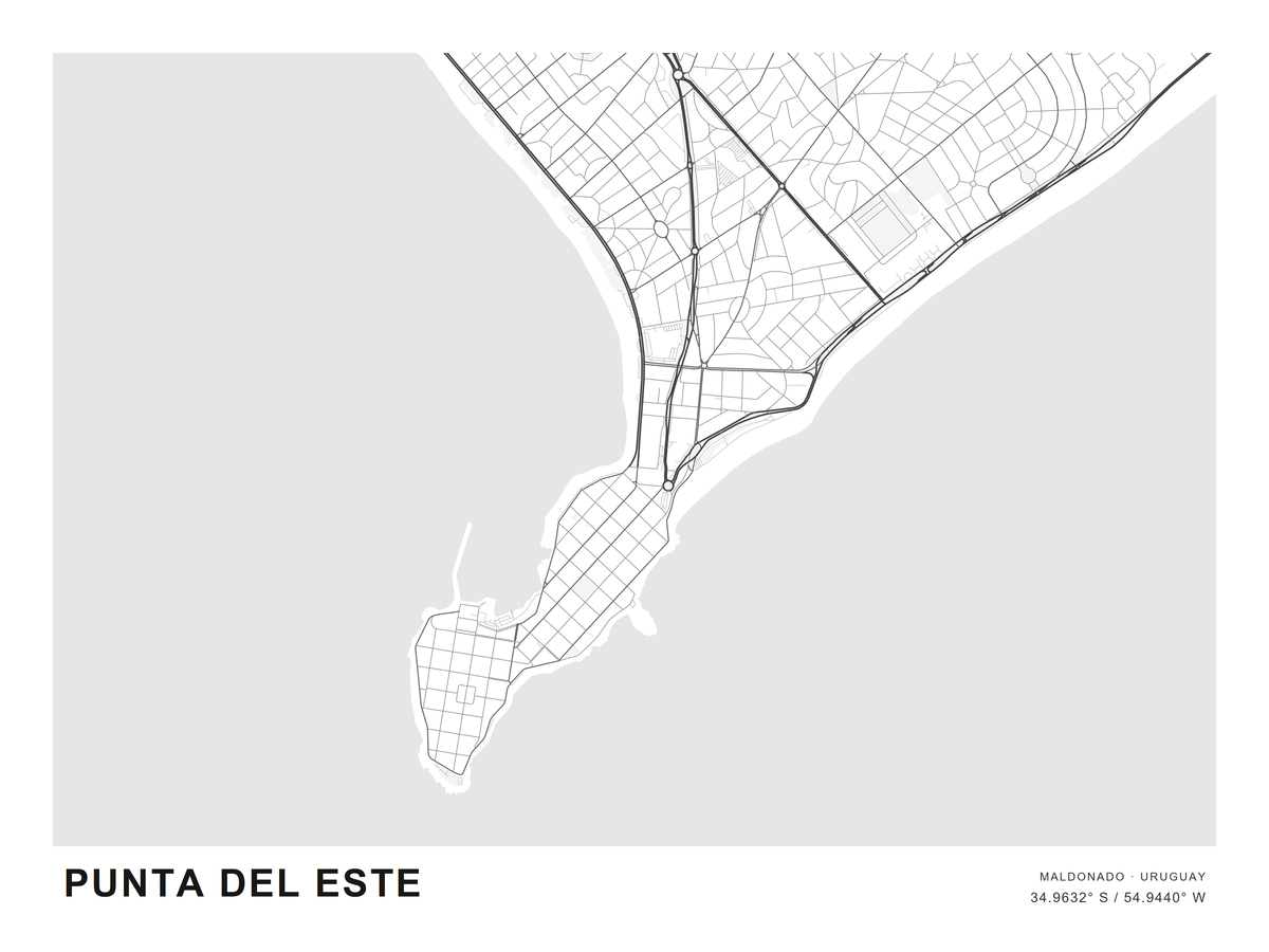Mapa de Punta del Este, vista apaisada con calles de la ciudad y península completa