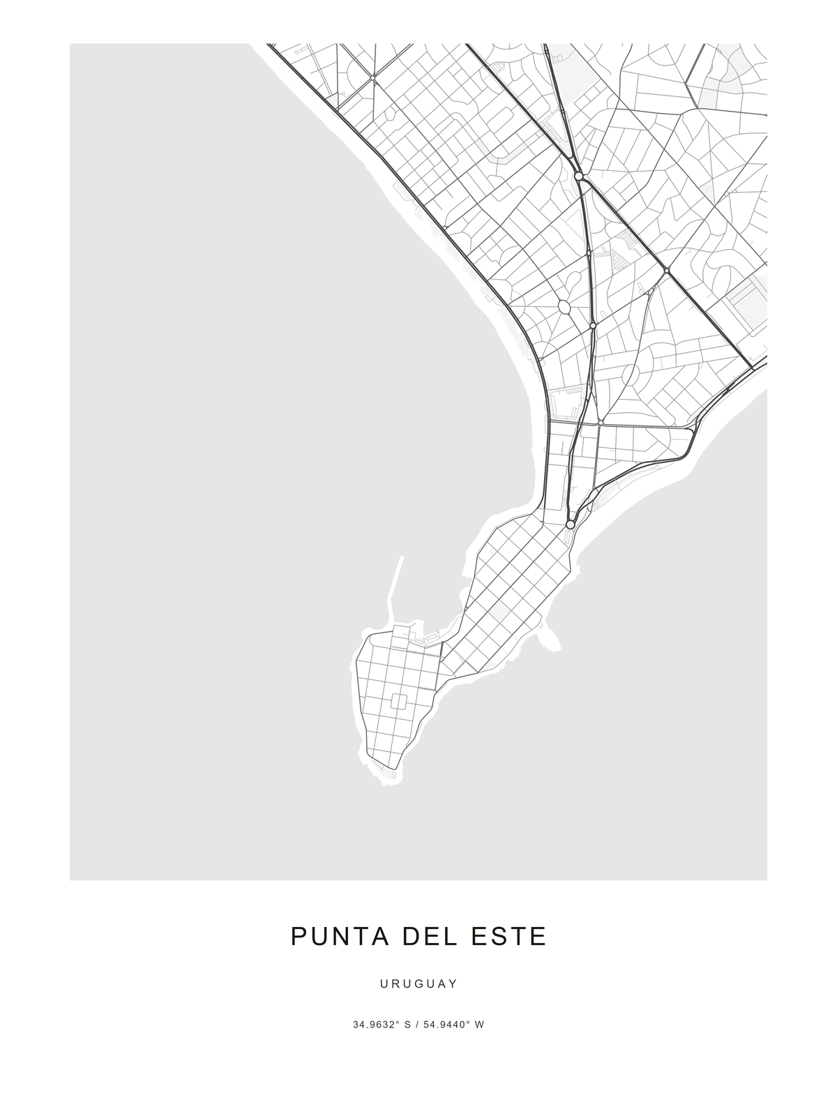 Mapa de Punta del Este en formato vertical 3:4, con la península completa y calles visibles