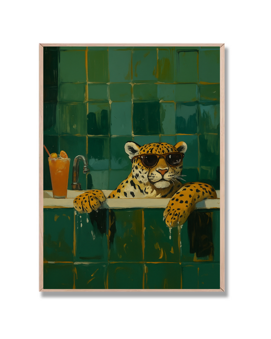 Leopardo en bañera y trago