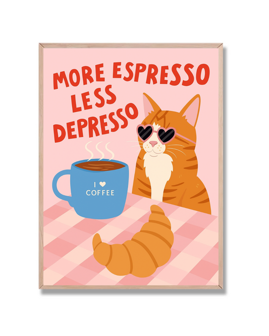 Gato con café y croissant
