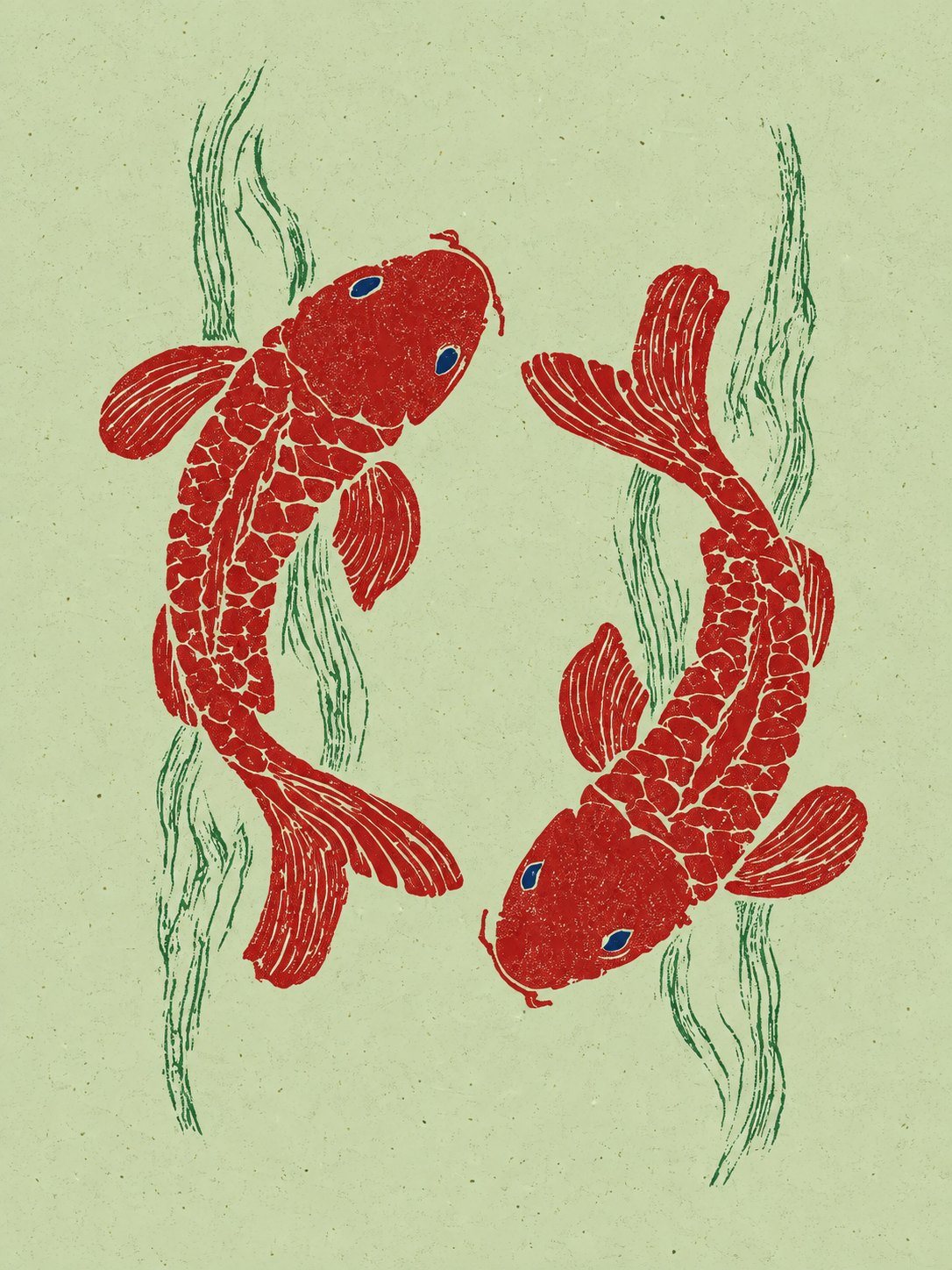 Dos peces koi rojos sobre fondo verde claro