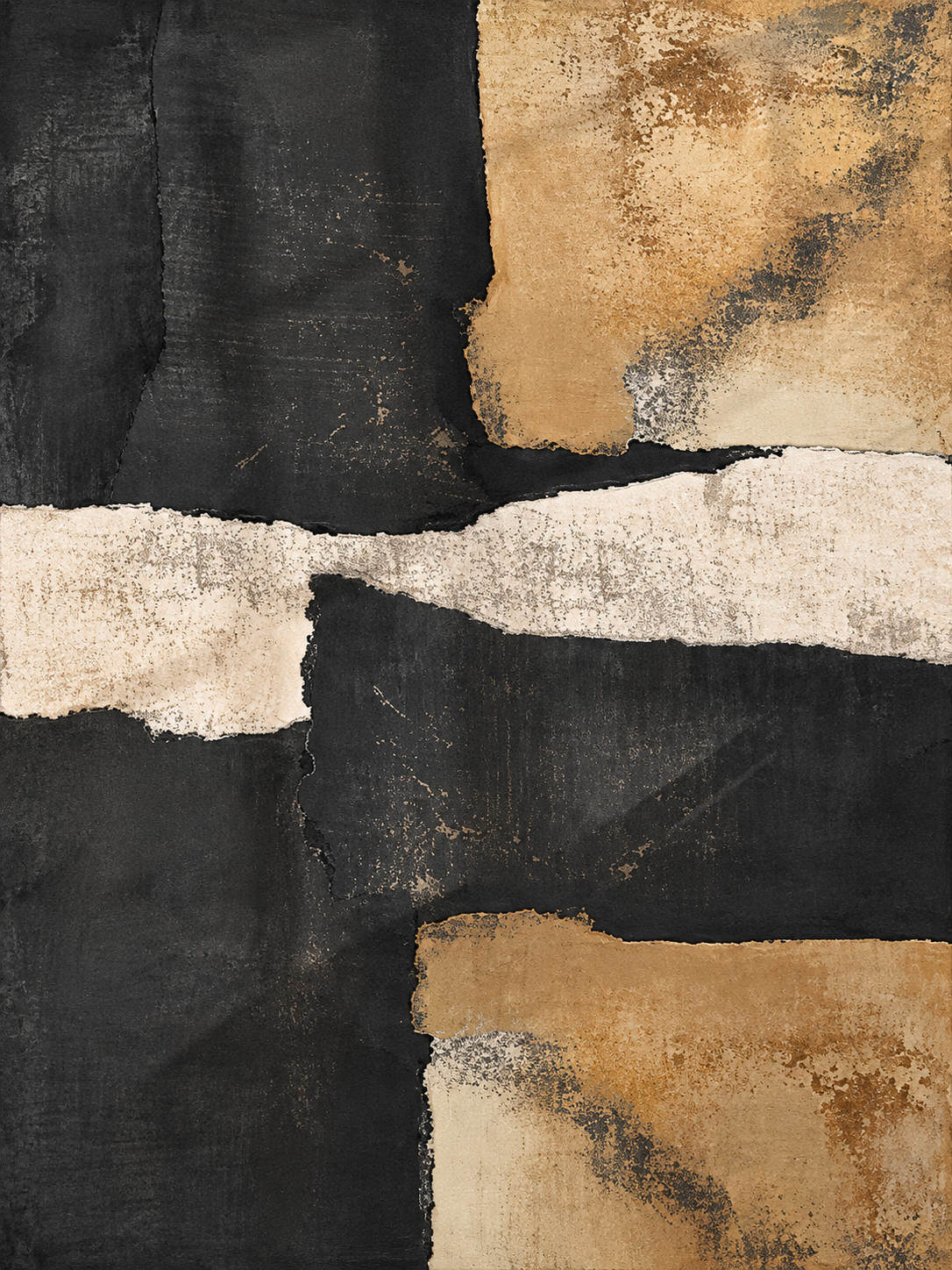 Abstracto gestual en negro, crema, beige y óxido