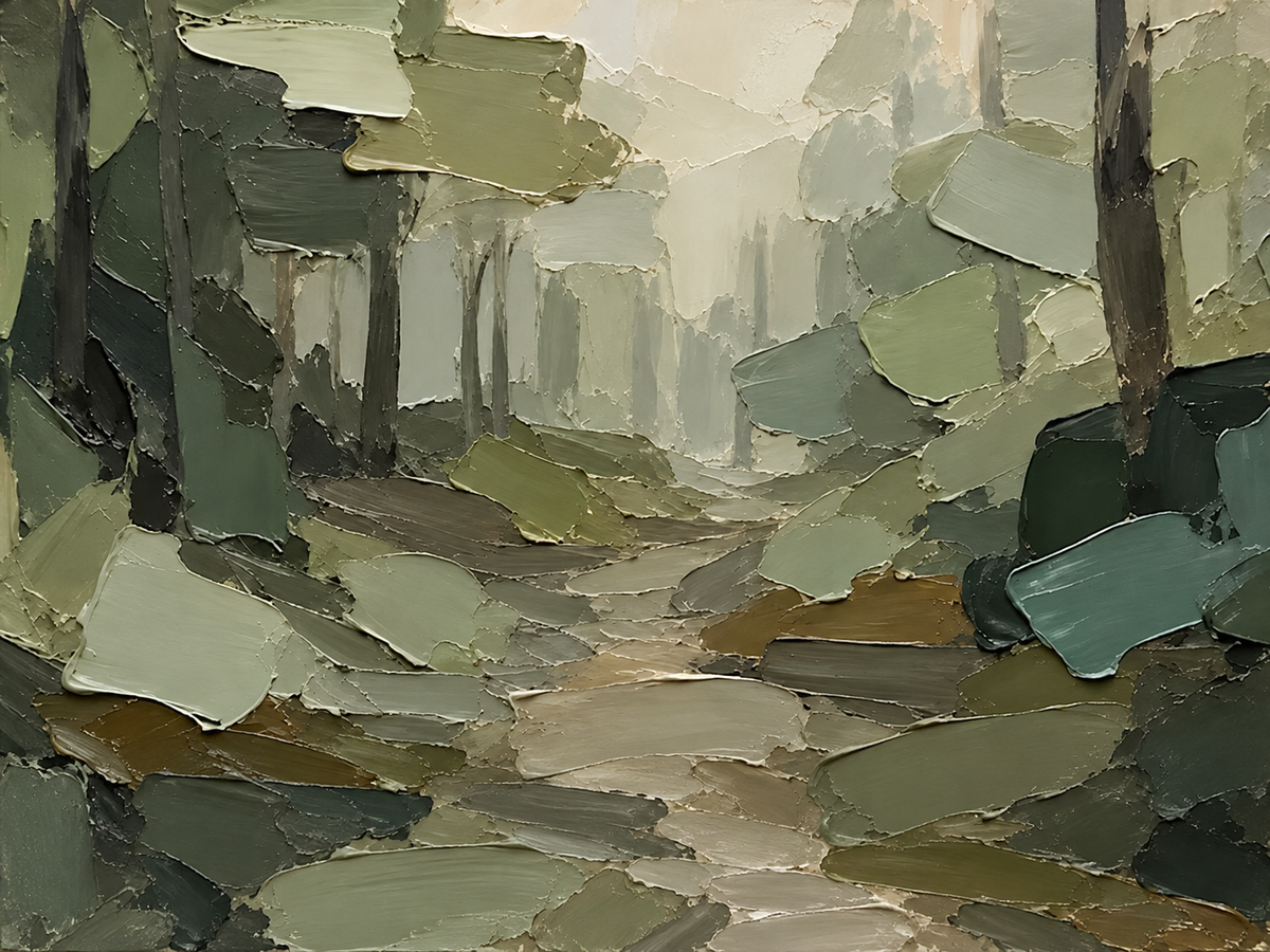 Abstracto paisajístico en verdes, grises y crema