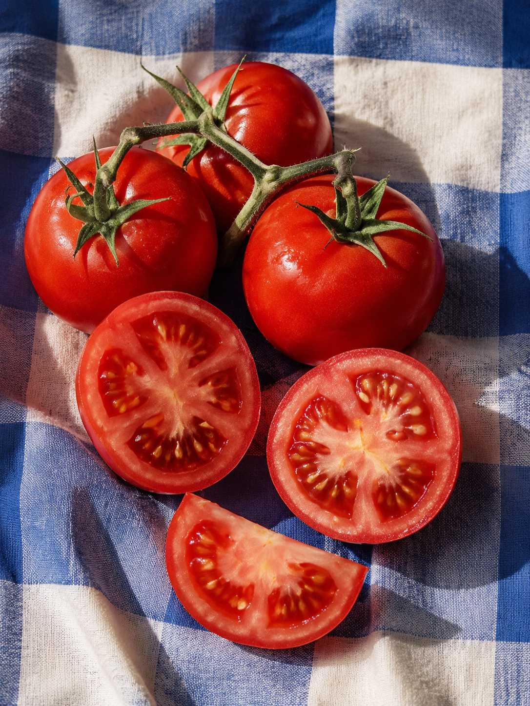 Tomates frescos sobre mantel a cuadros azul y blanco