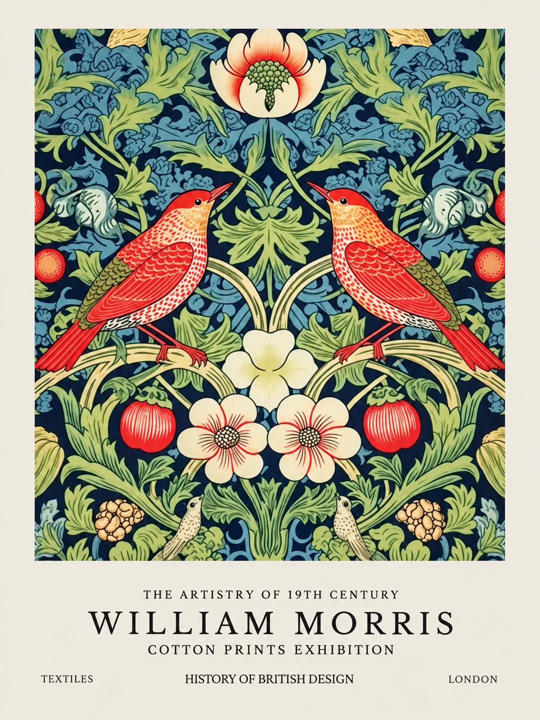 Hojas Verdes y Coral, lámina decorativa inspirada en William Morris