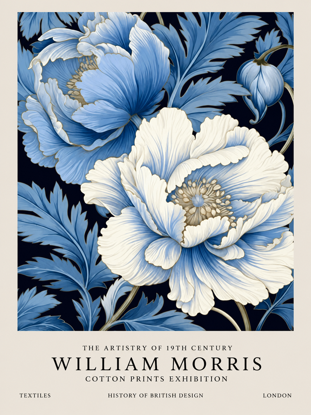 Flores Blancas sobre Azul, lámina decorativa inspirada en William Morris