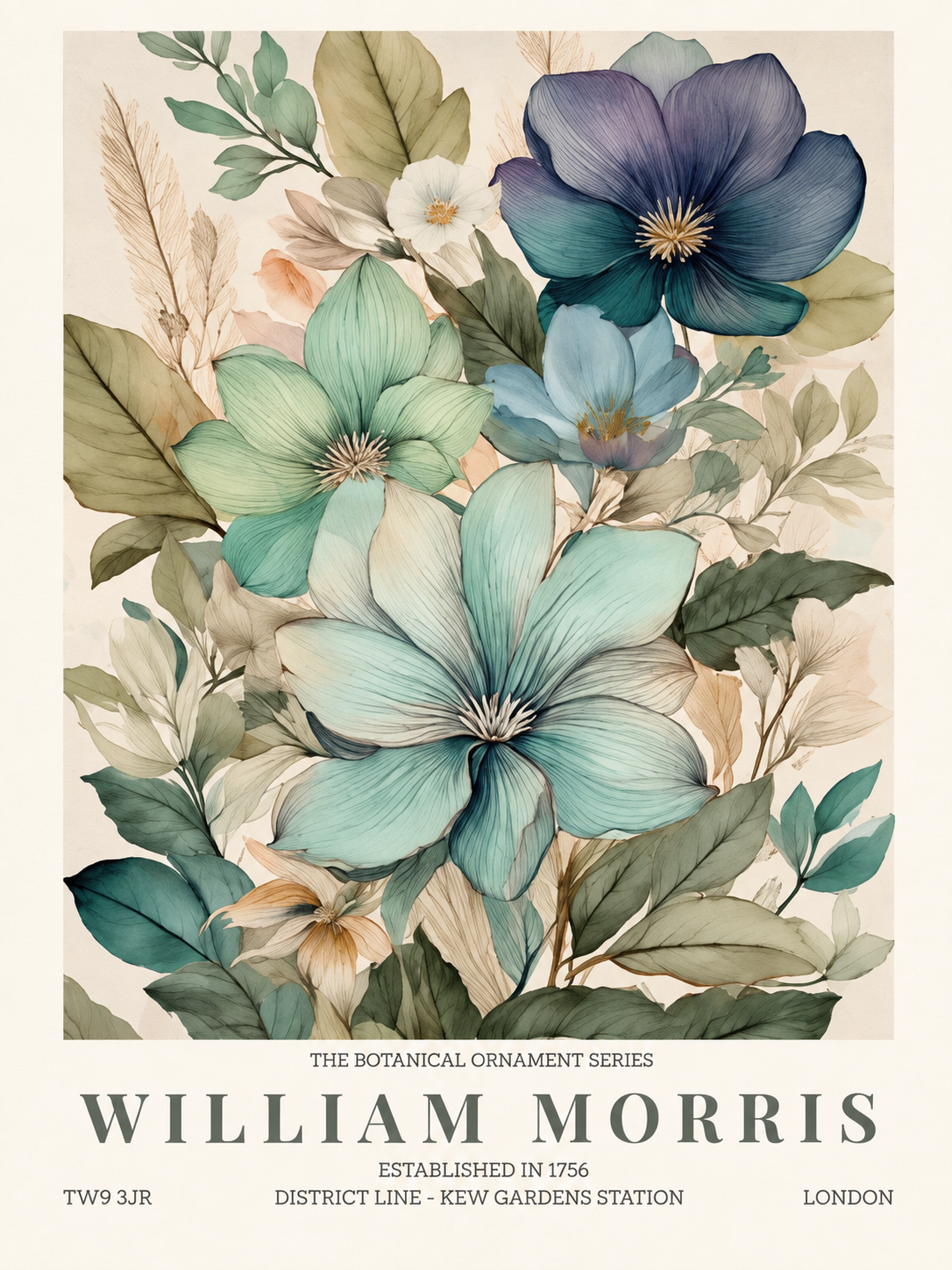 Flores sobre Azul, lámina decorativa inspirada en William Morris
