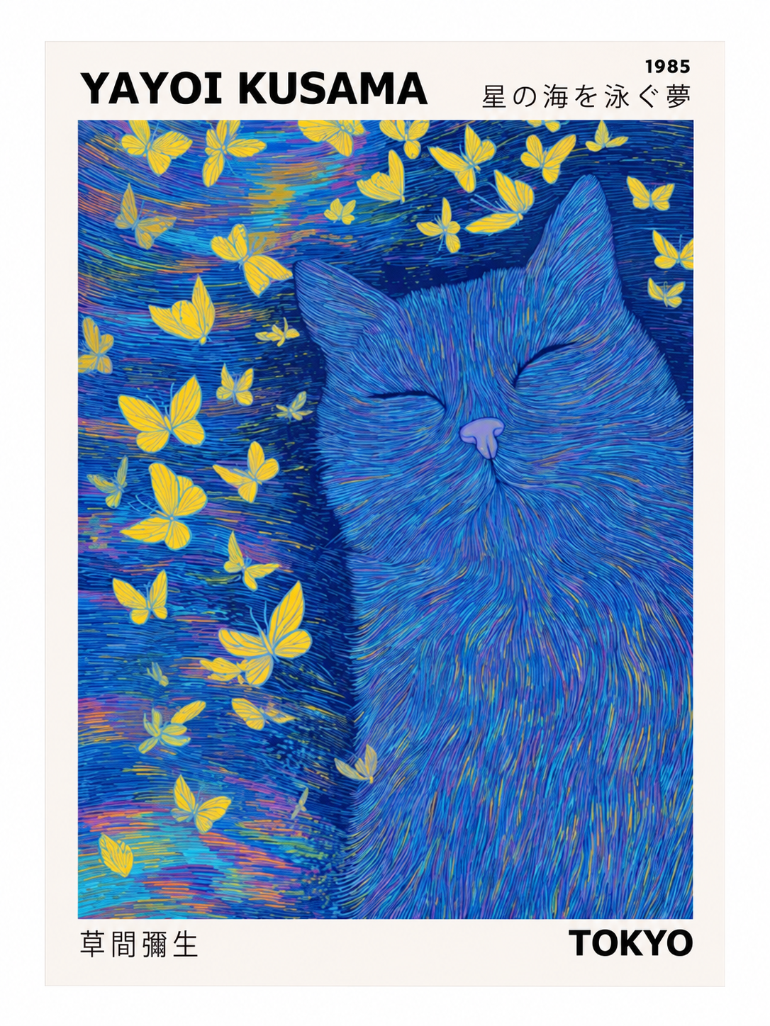 Yayoi Kusama — Gato azul y mariposas