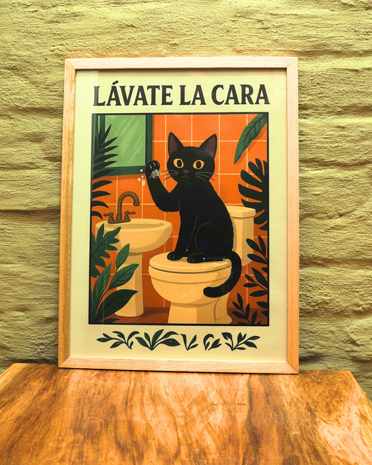 Gato Lávate la cara - 40x30 cm - vidrio común - marco natural