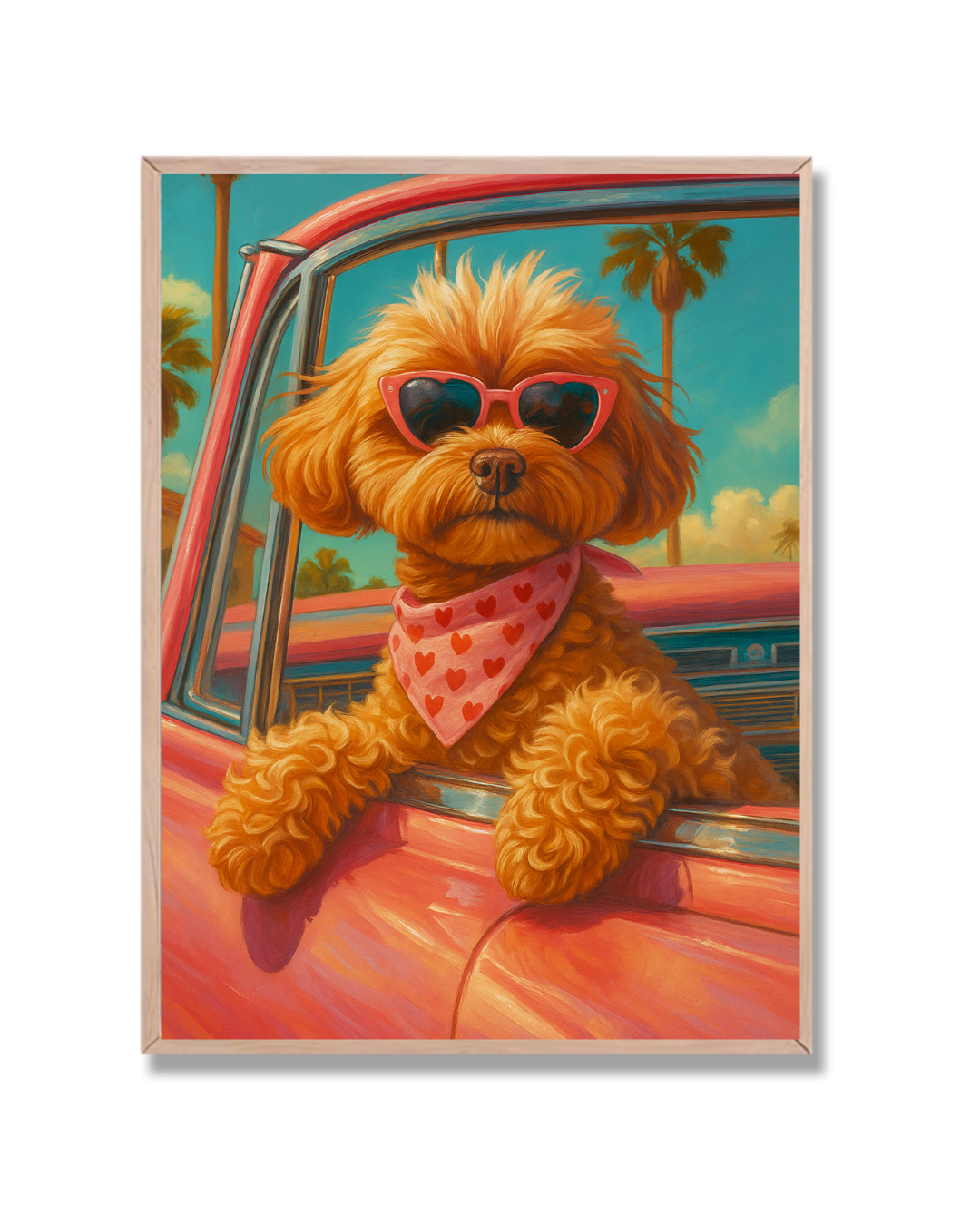 Perrito en coche rosa