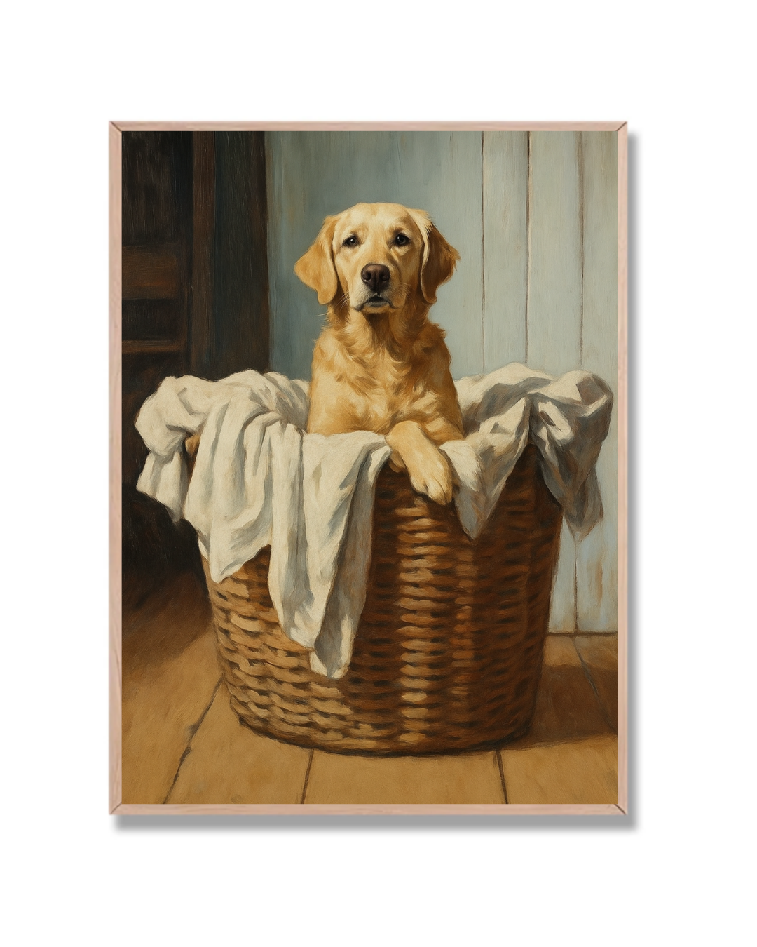 Golden en cesto de ropa