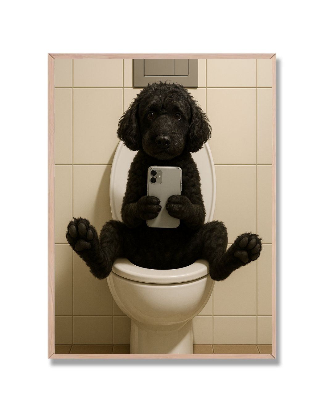 Perro con celular en baño