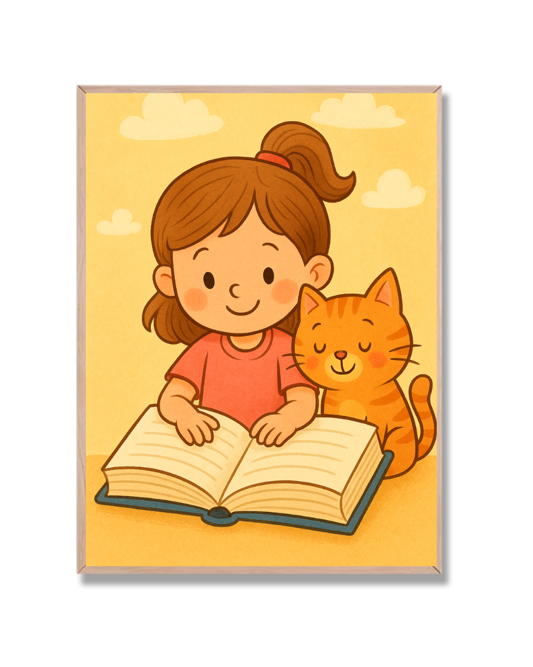 Niña Leyendo con Gato Infantil