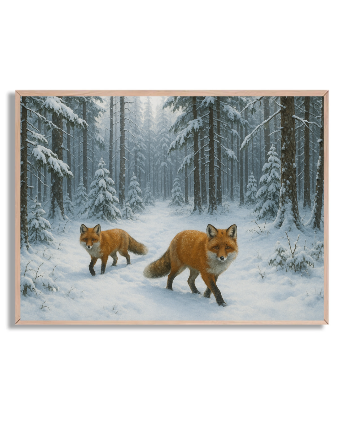 Bosque invernal con zorros