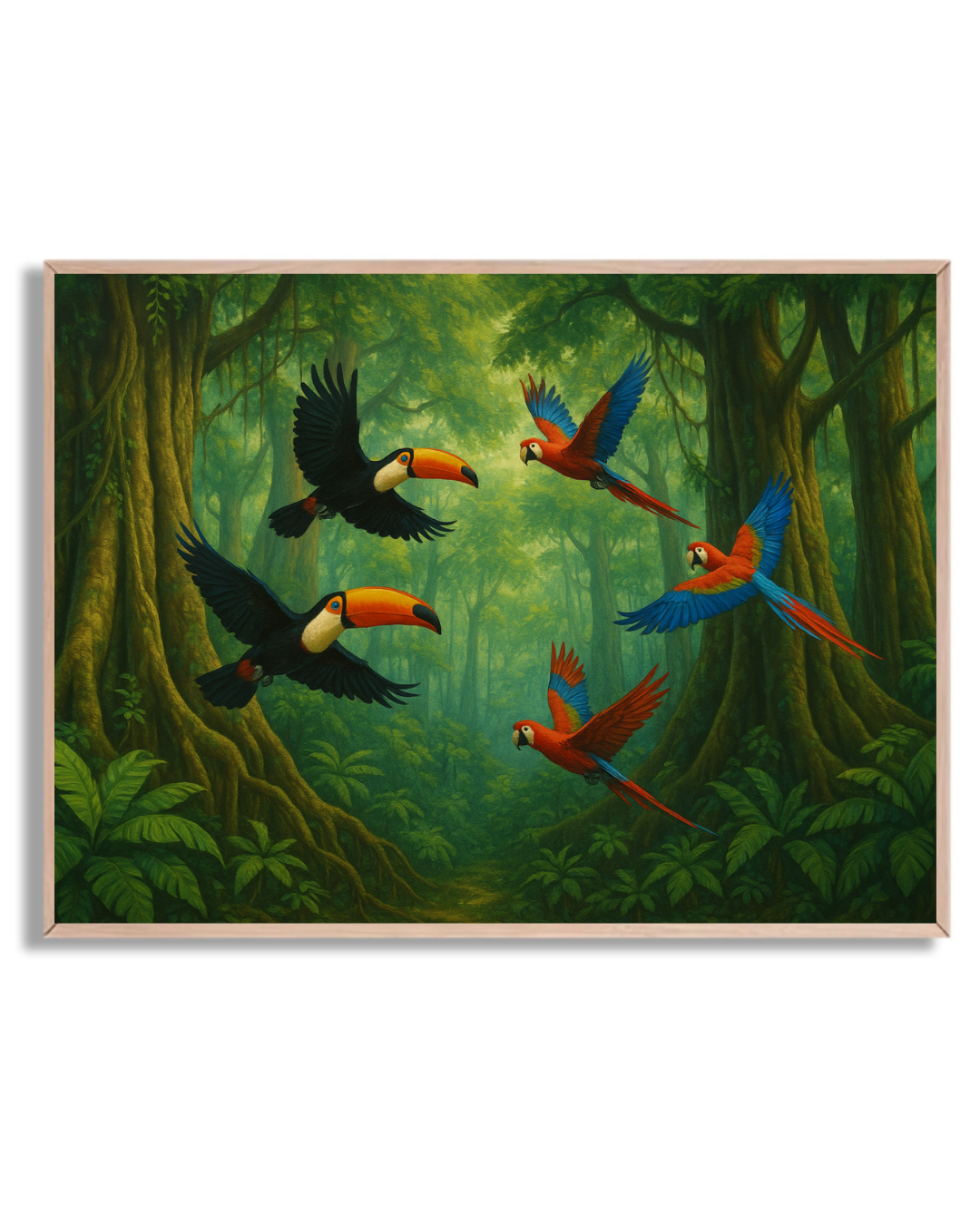 Tucanes y guacamayos en la selva