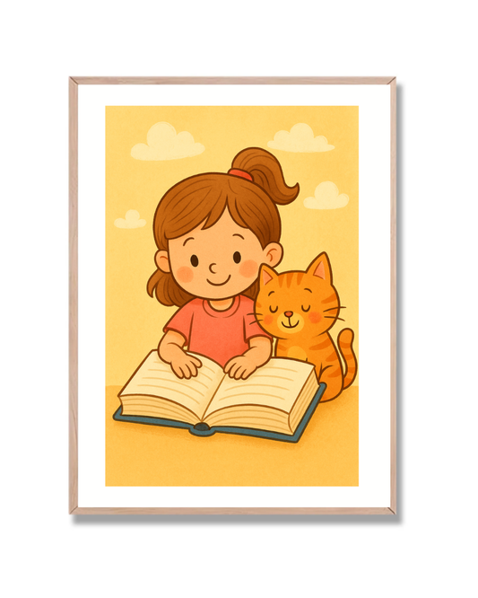 Niña Leyendo con Gato Infantil