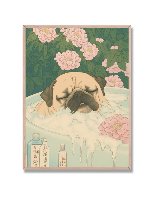 Perro pug con espuma