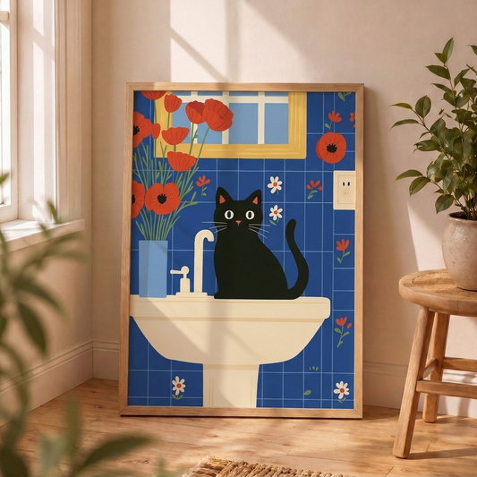Gato en baño azul