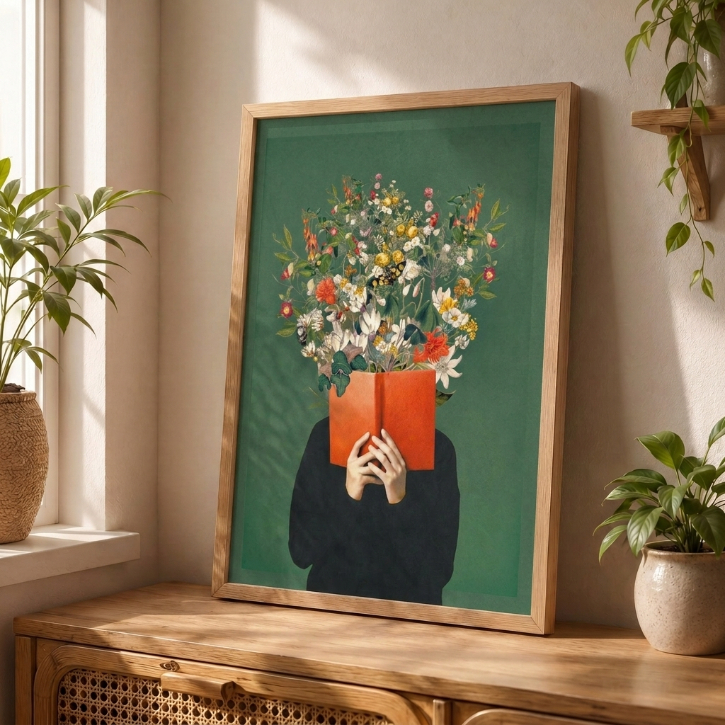 Mujer, libro y flores