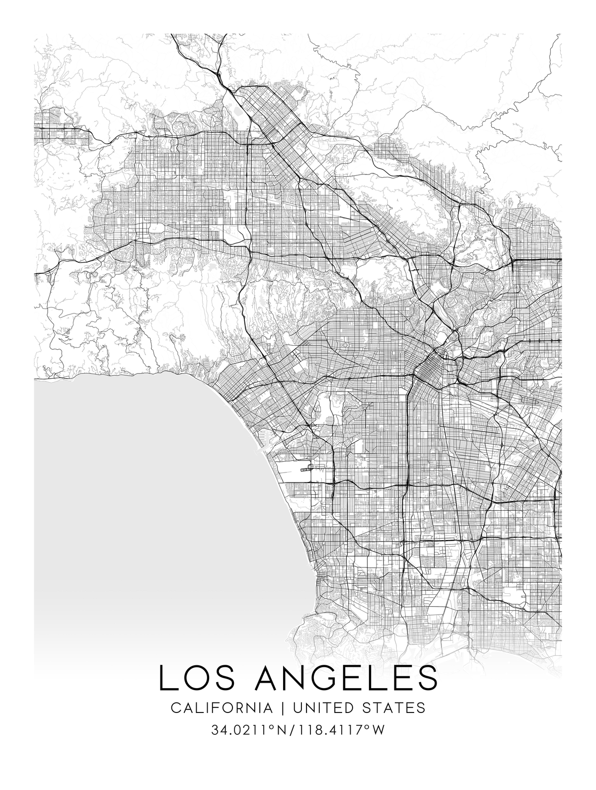 Mapa urbano de Los Angeles, California; longitud oeste corregida