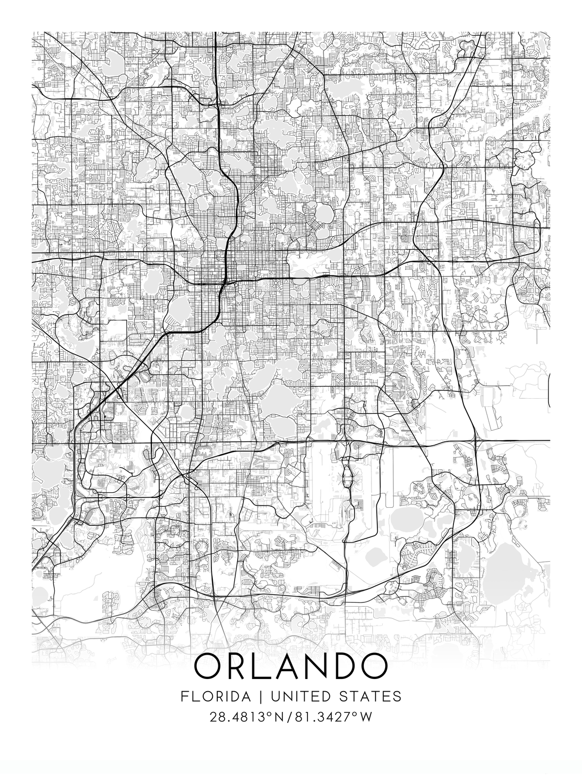 Mapa urbano de Orlando, Florida; longitud oeste corregida