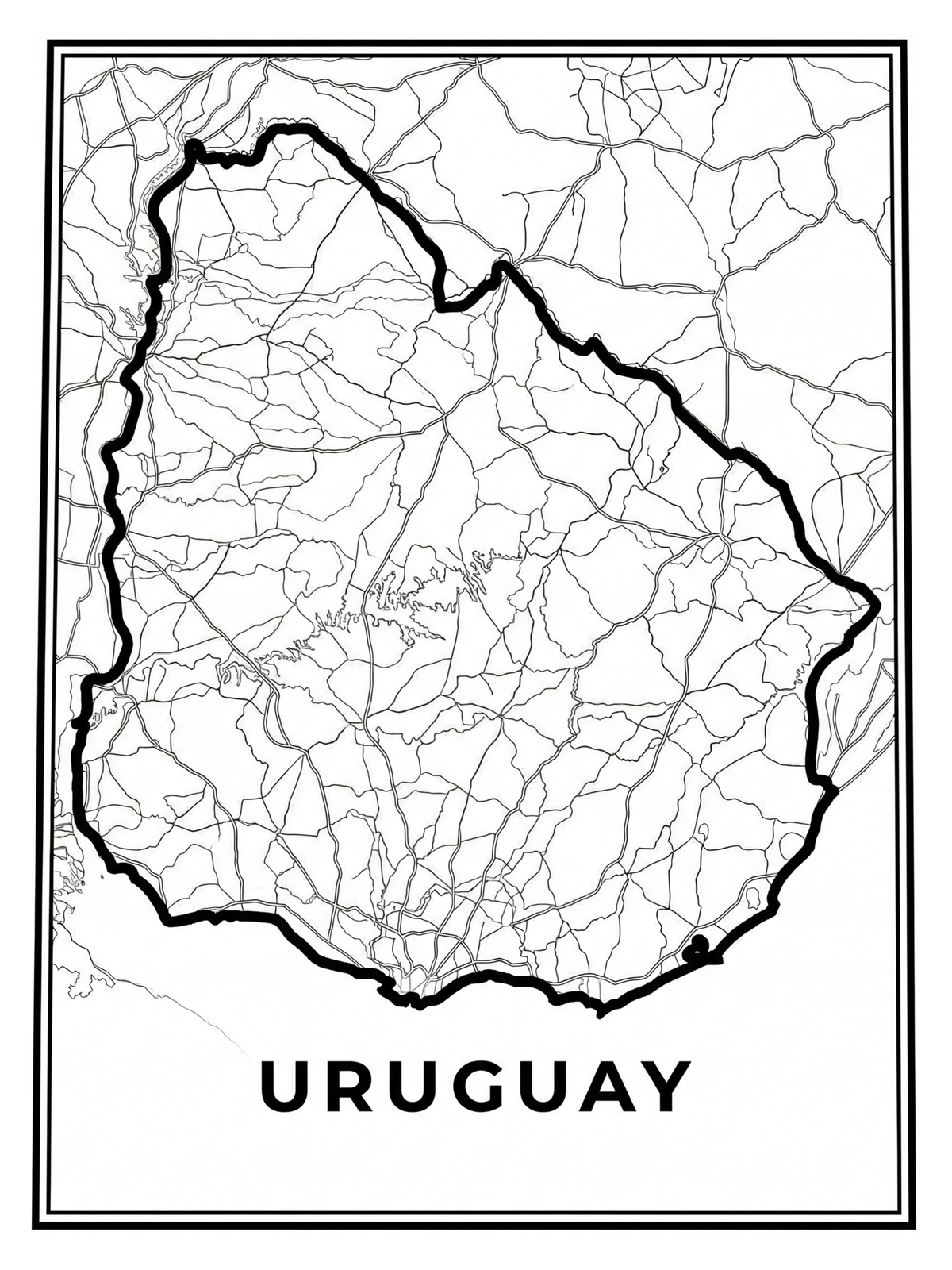 Mapa de Uruguay en blanco y negro con rutas y límite del país