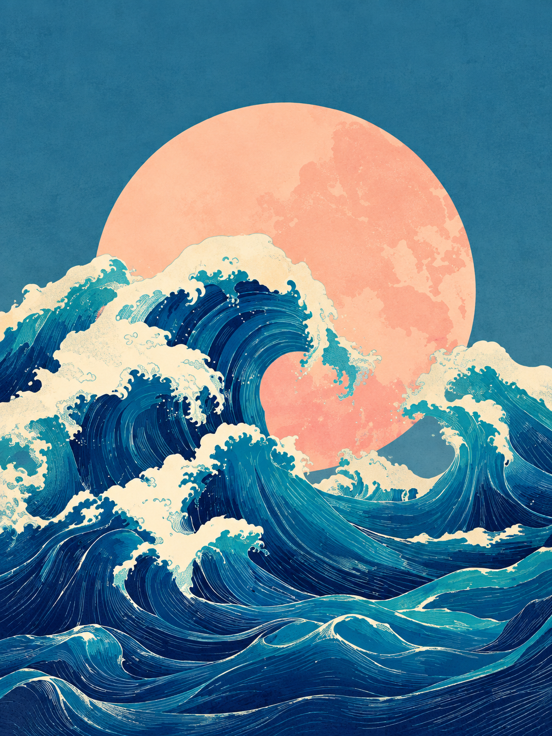 Olas japonesas azules y turquesas con sol coral