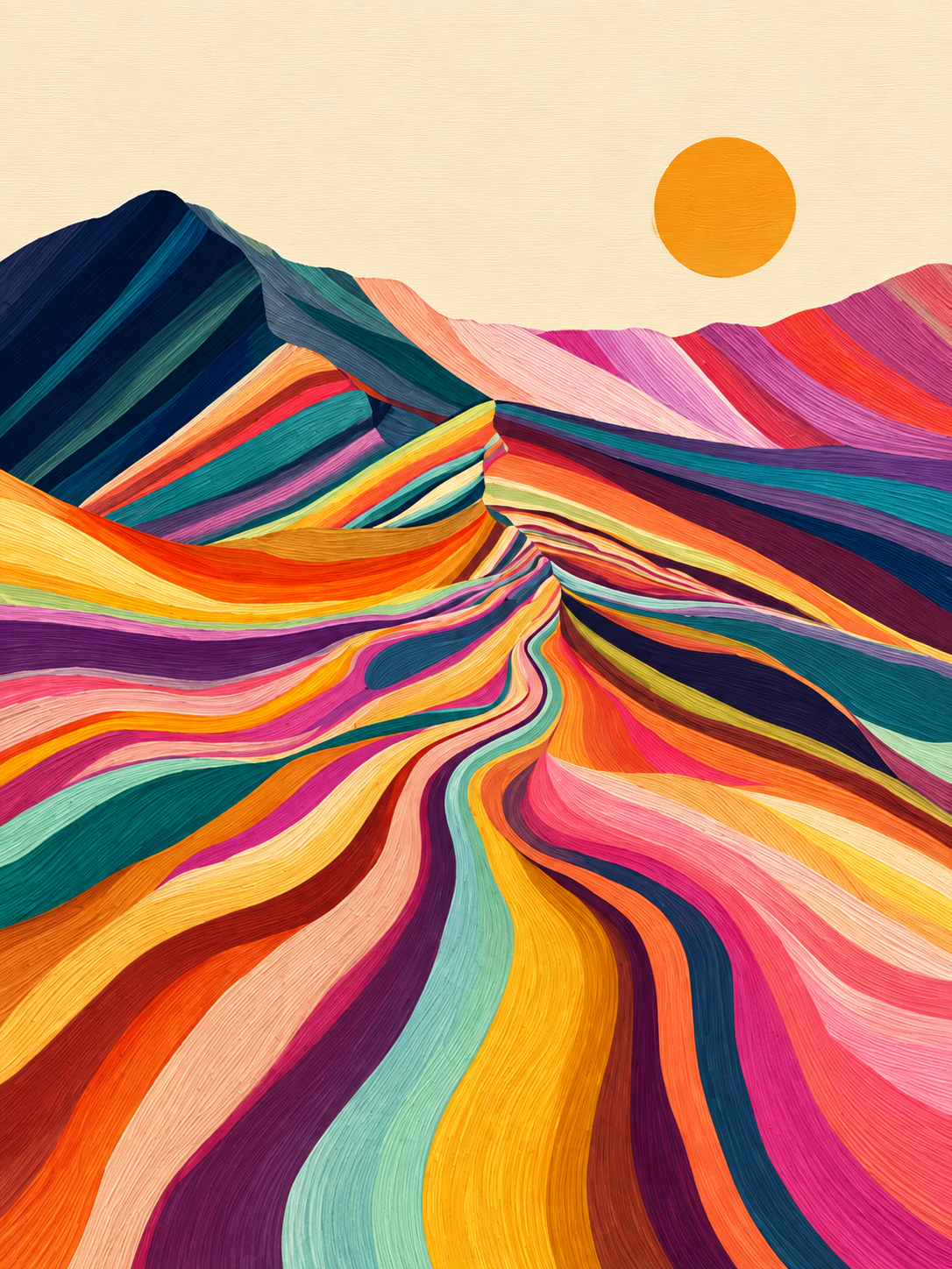 Paisaje abstracto con franjas onduladas multicolor