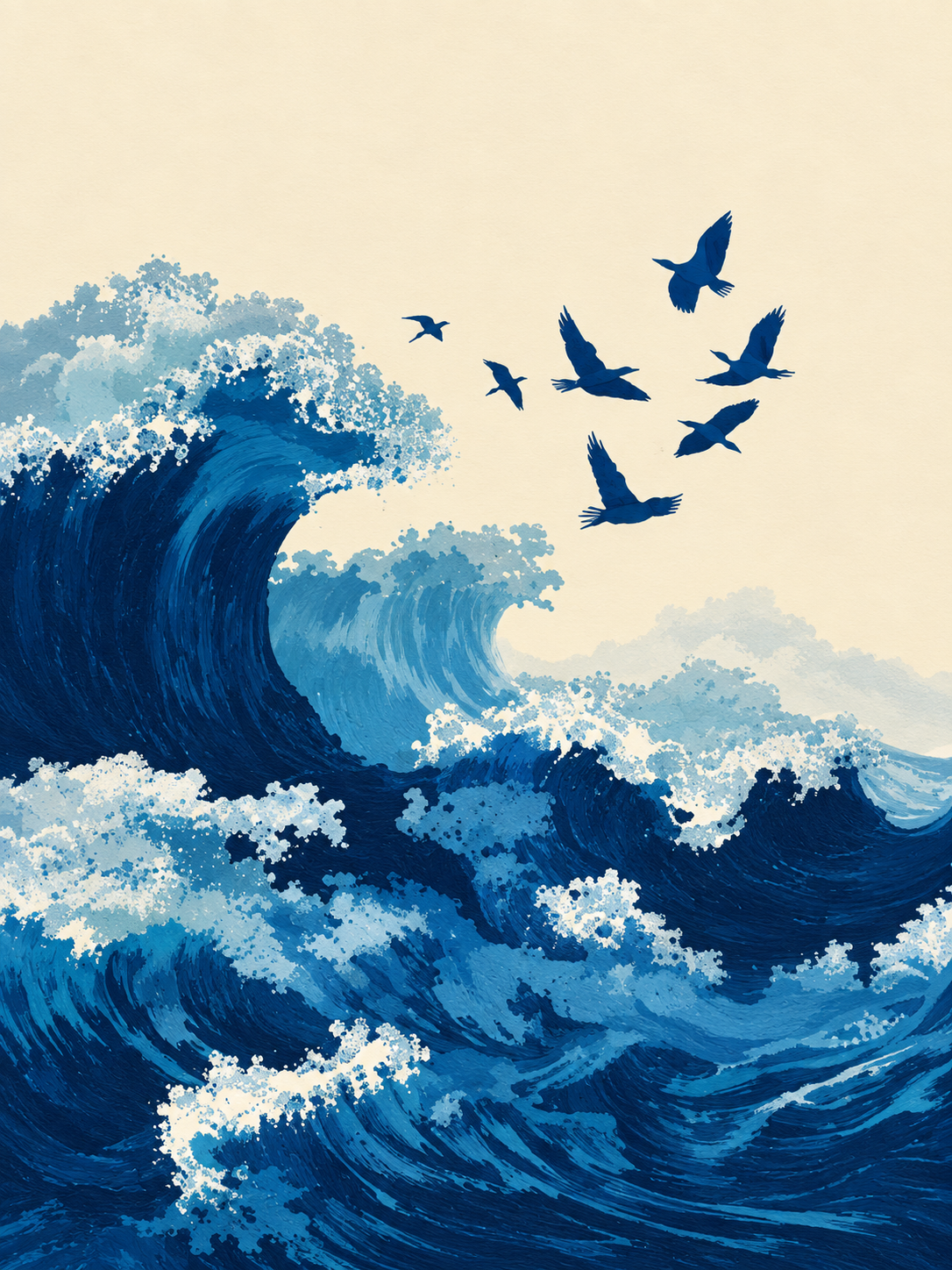Olas azules con pájaros sobre fondo crema