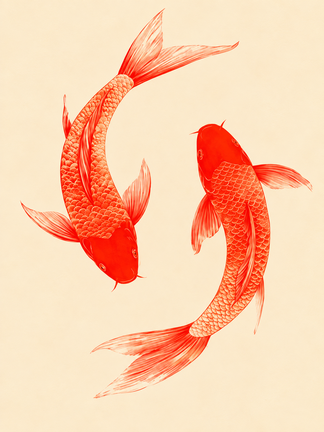 Dos peces koi naranja sobre fondo crema