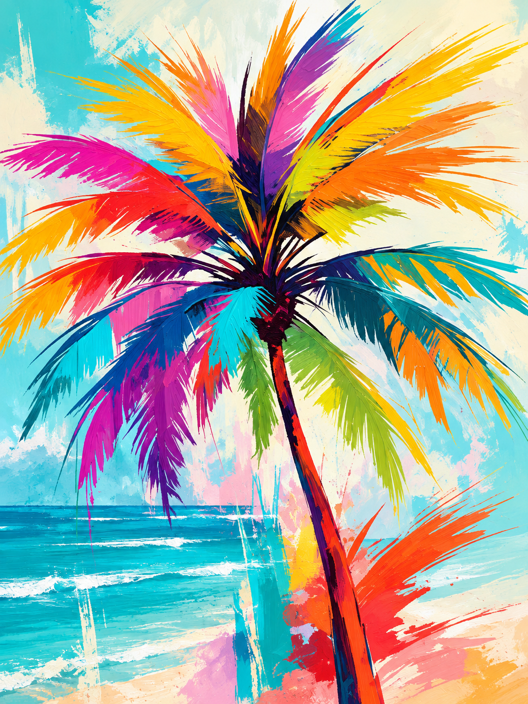 Tropical de palmeras y playa multicolor