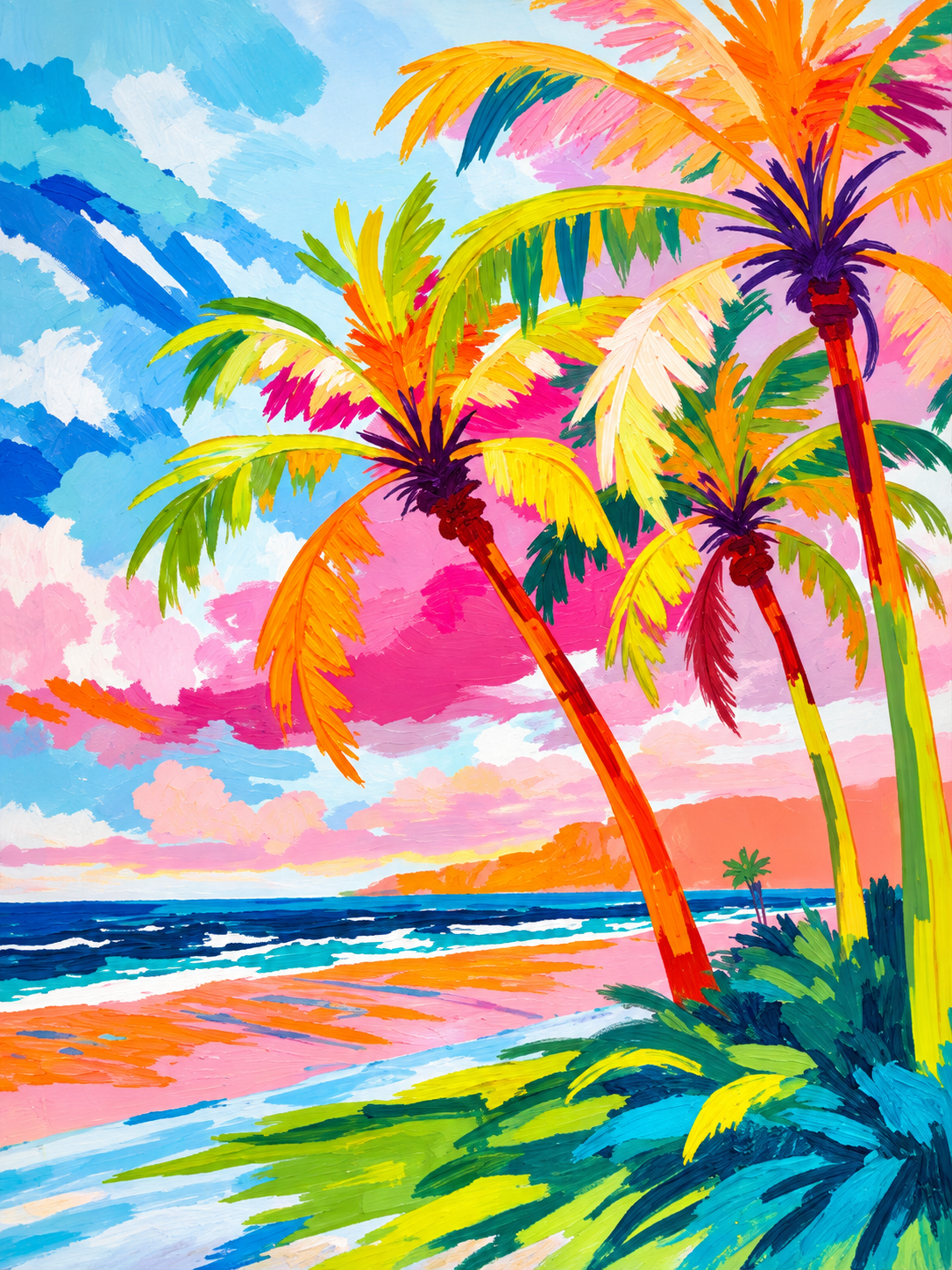 Tropical de palmeras, mar y colores intensos