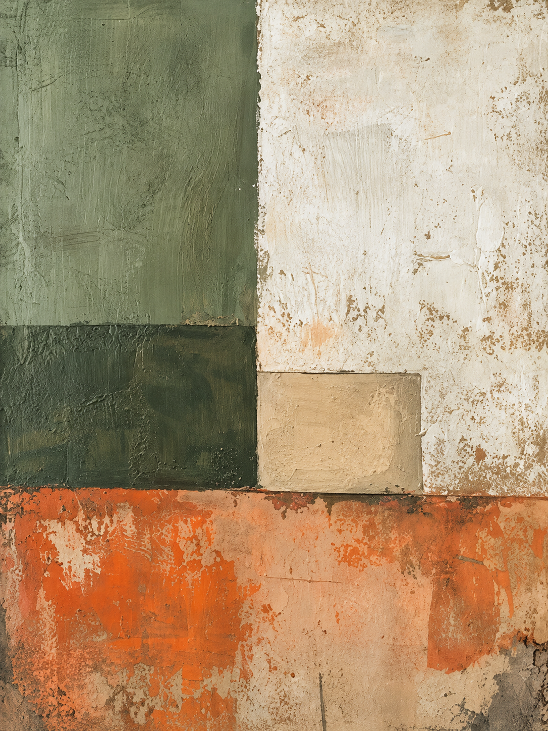 Abstracto gestual en verde, crema y óxido
