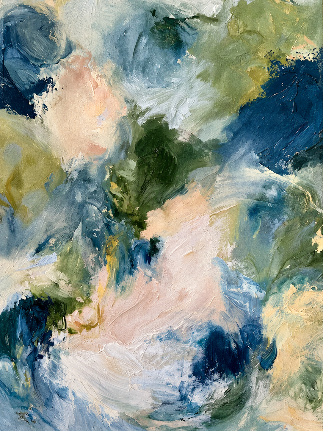 Abstracto expresivo en azul, verde, crema y rosa