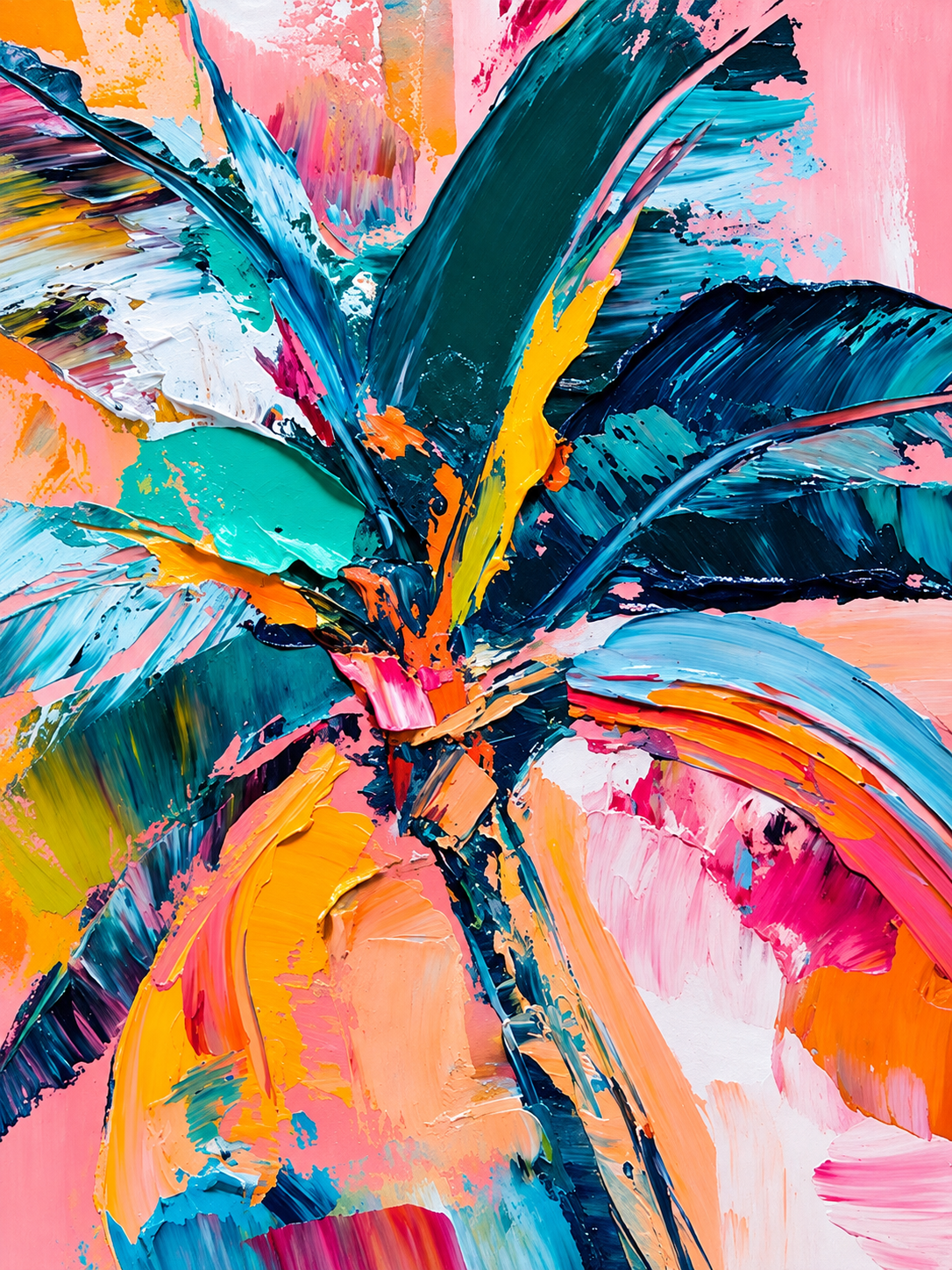 Abstracto floral tropical en turquesa, coral y rosa