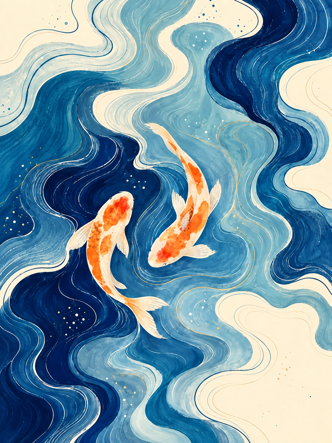 Acuático de ondas azules y peces naranjas