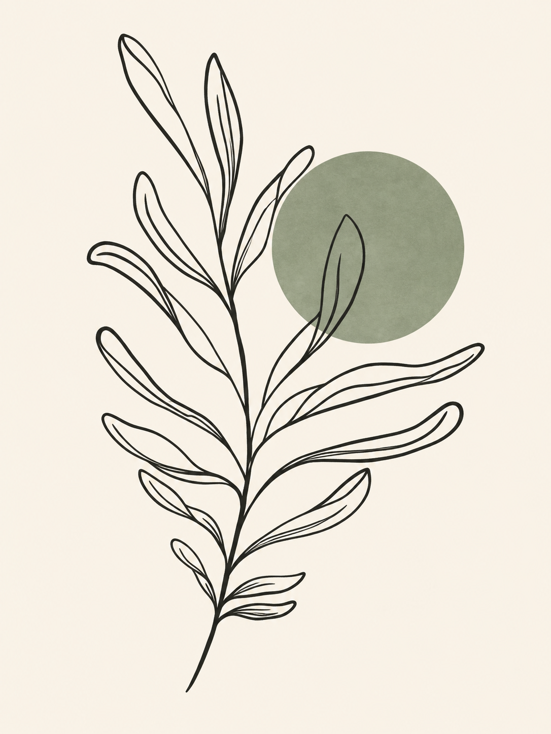 Dibujo lineal botánico con círculo verde sobre fondo crema — Central