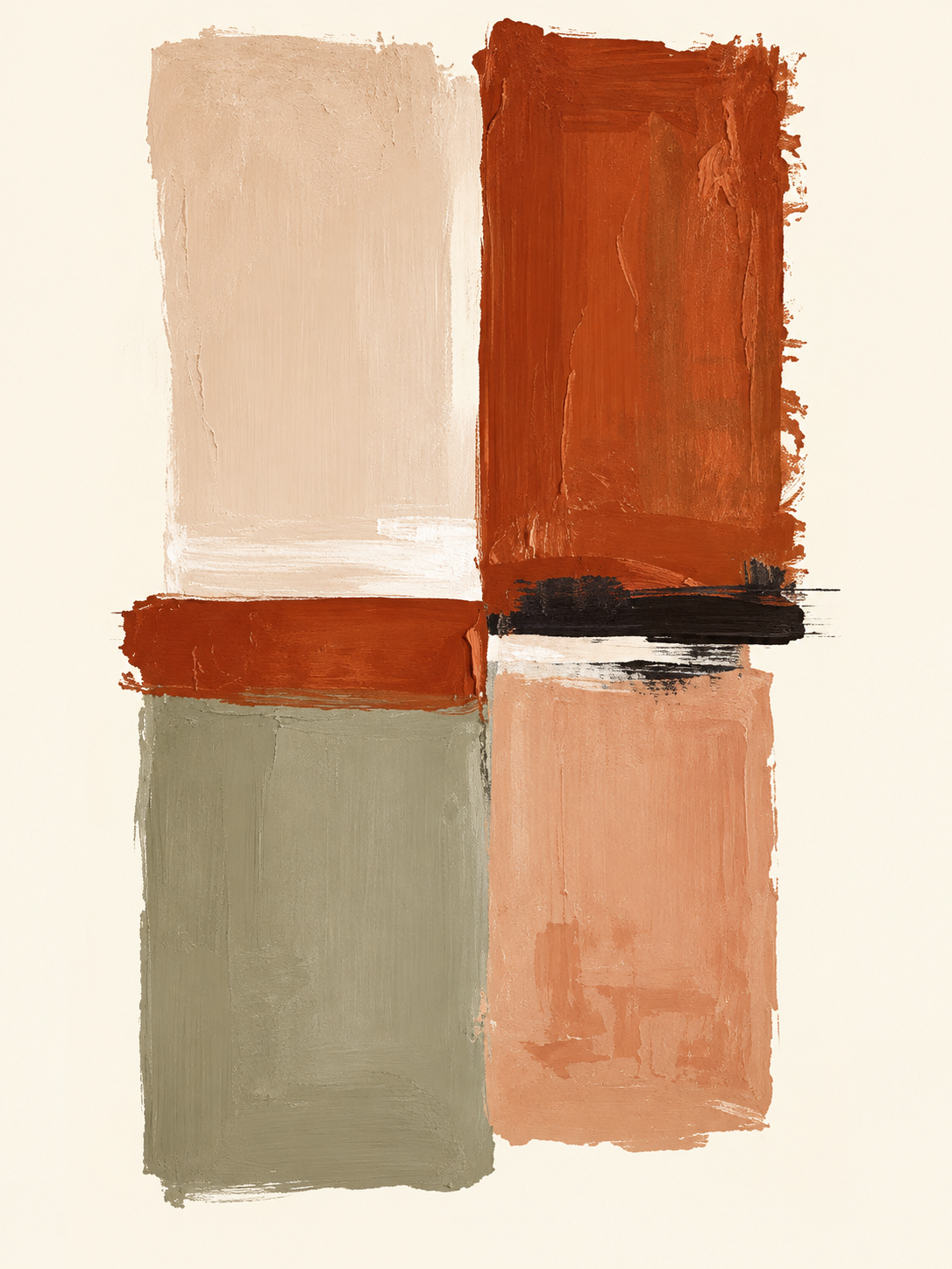 Abstracto gestual en terracota, crema y verde — Izquierdo