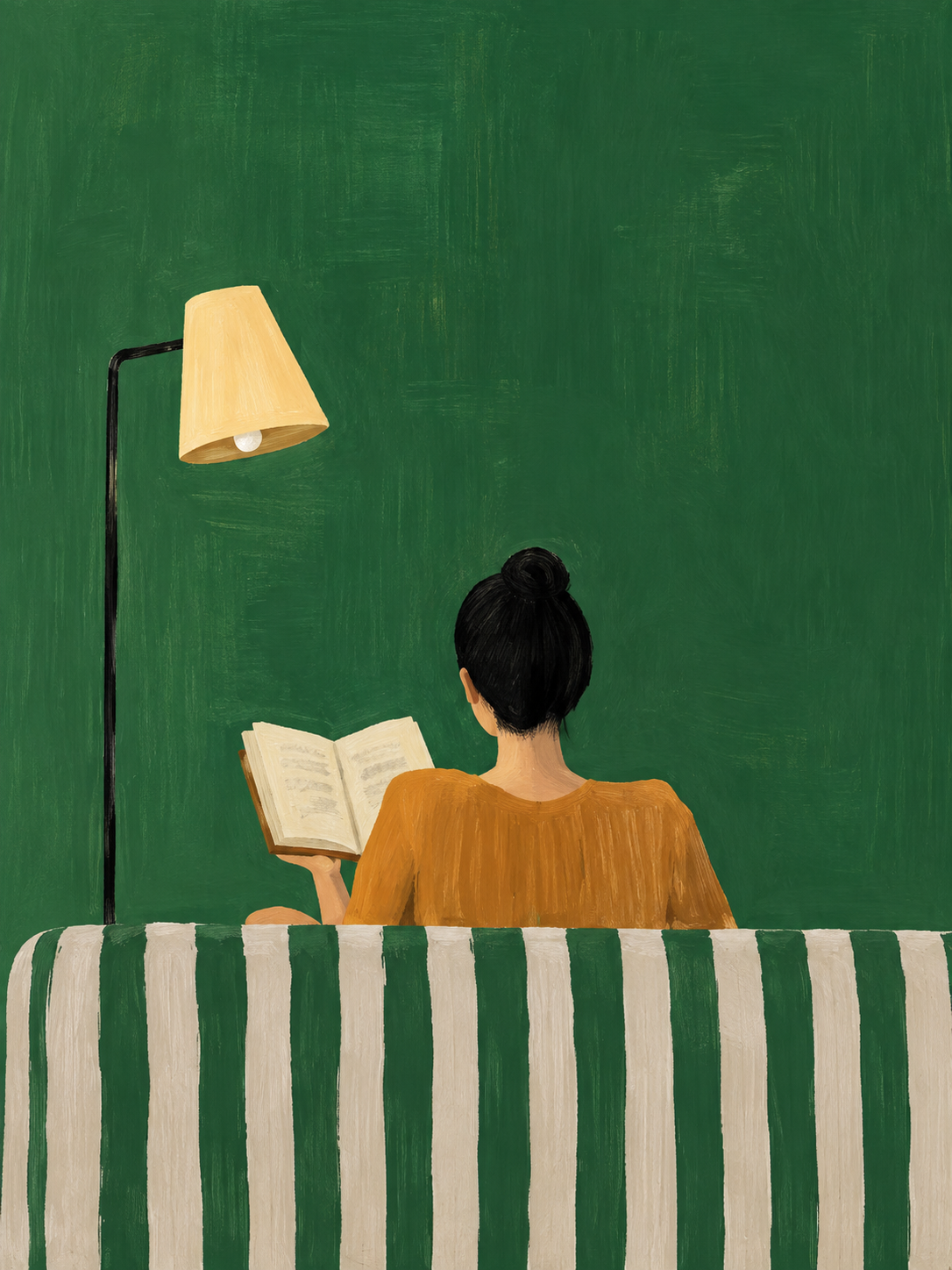 Persona leyendo sobre fondo verde, panel trasero derecho