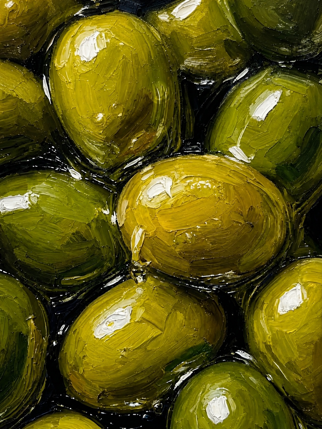 Olivas verdes en óleo brillante y textura impasto