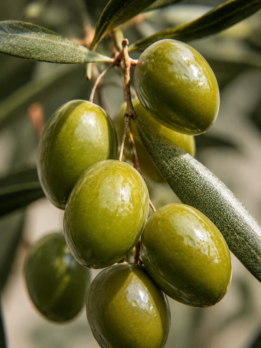 Rama de olivo con aceitunas verdes, fotografía botánica vertical