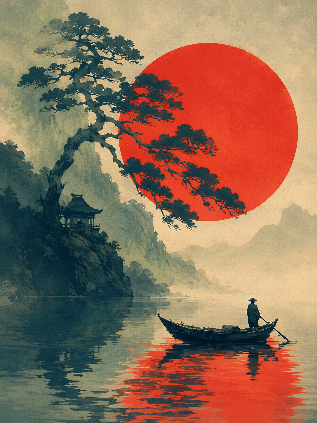 Japón — Sol rojo sobre el lago