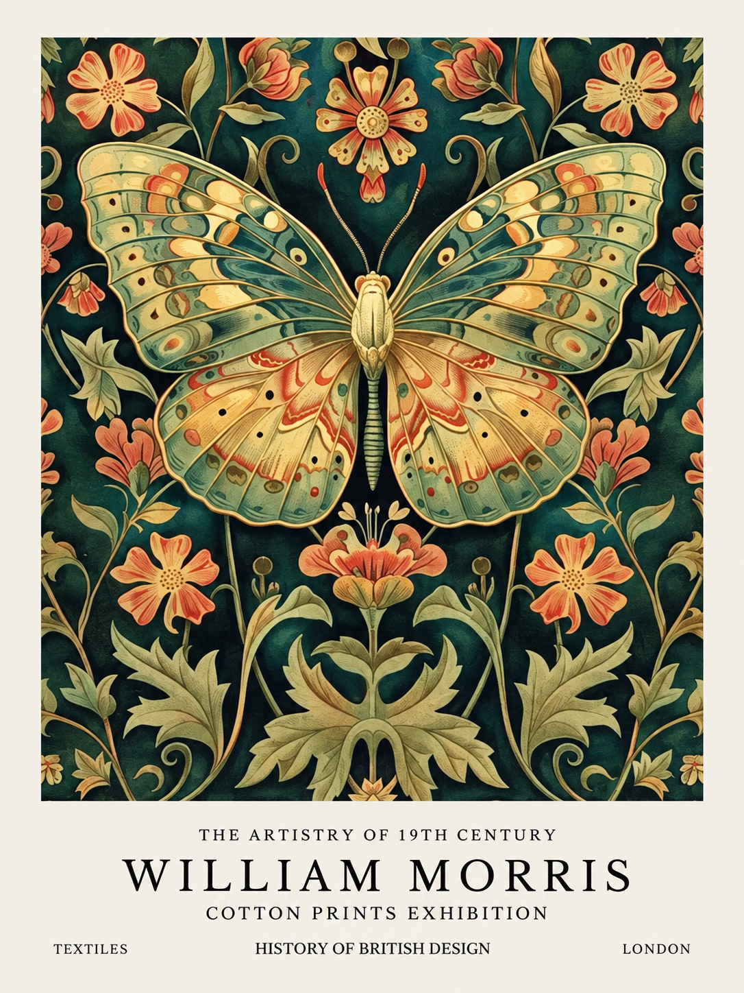 Dalias Rojas, lámina decorativa inspirada en William Morris