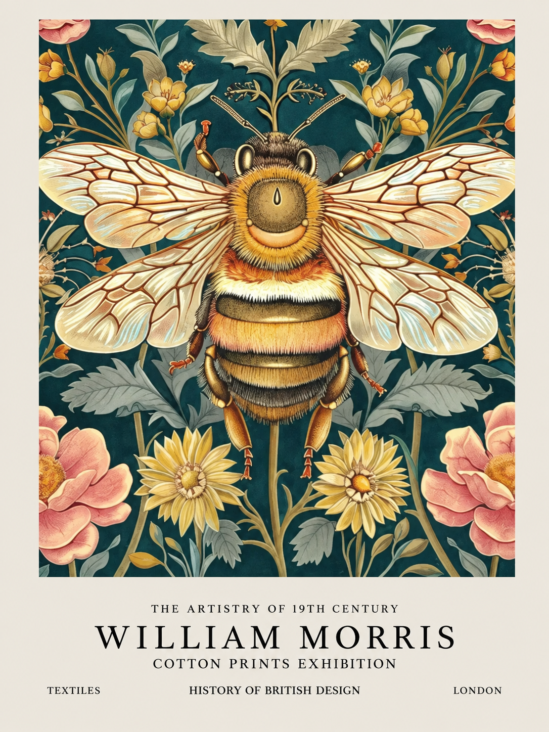 Abeja entre Flores, lámina decorativa inspirada en William Morris