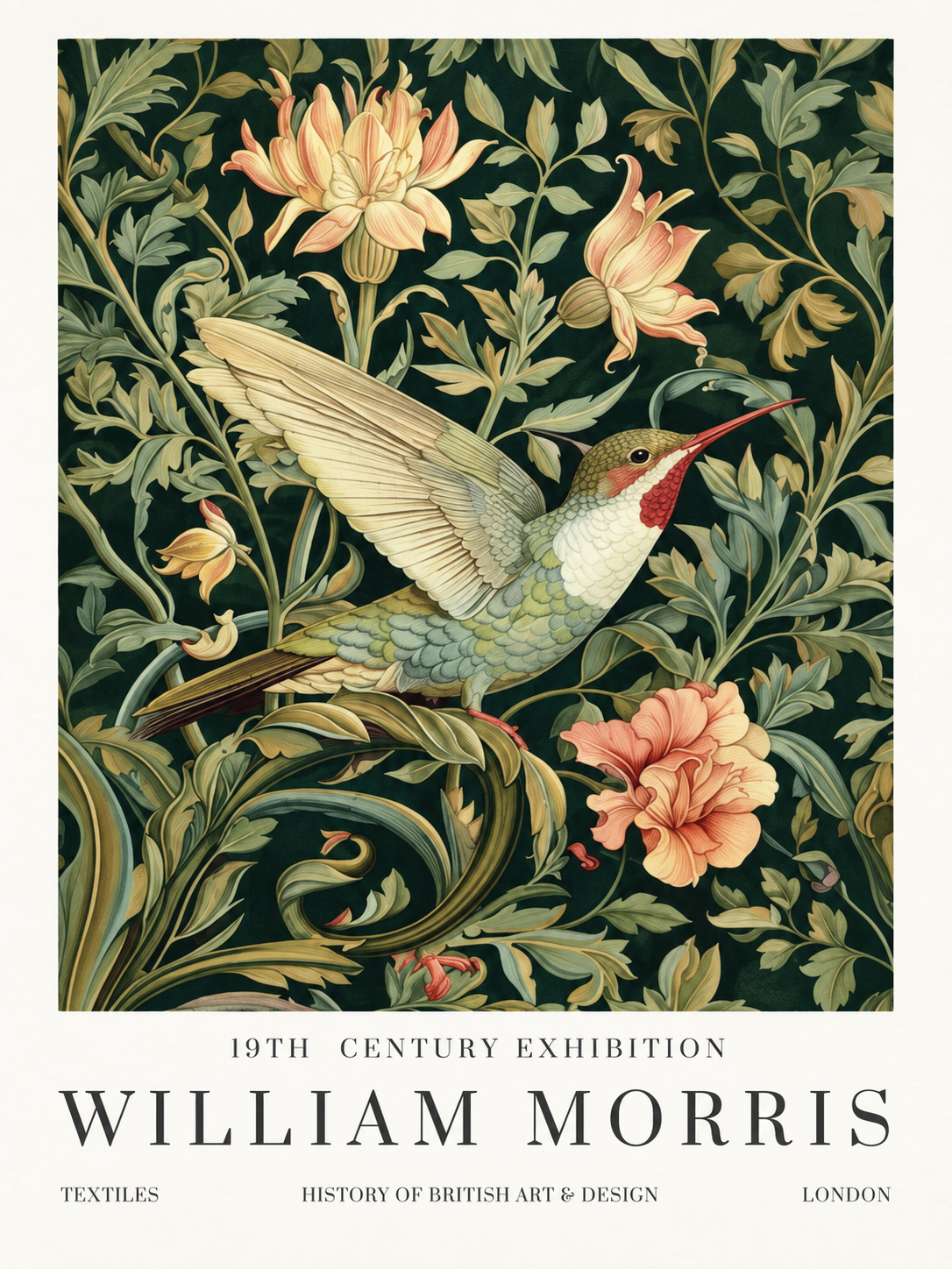 Flores Blancas y Rosadas, lámina decorativa inspirada en William Morris